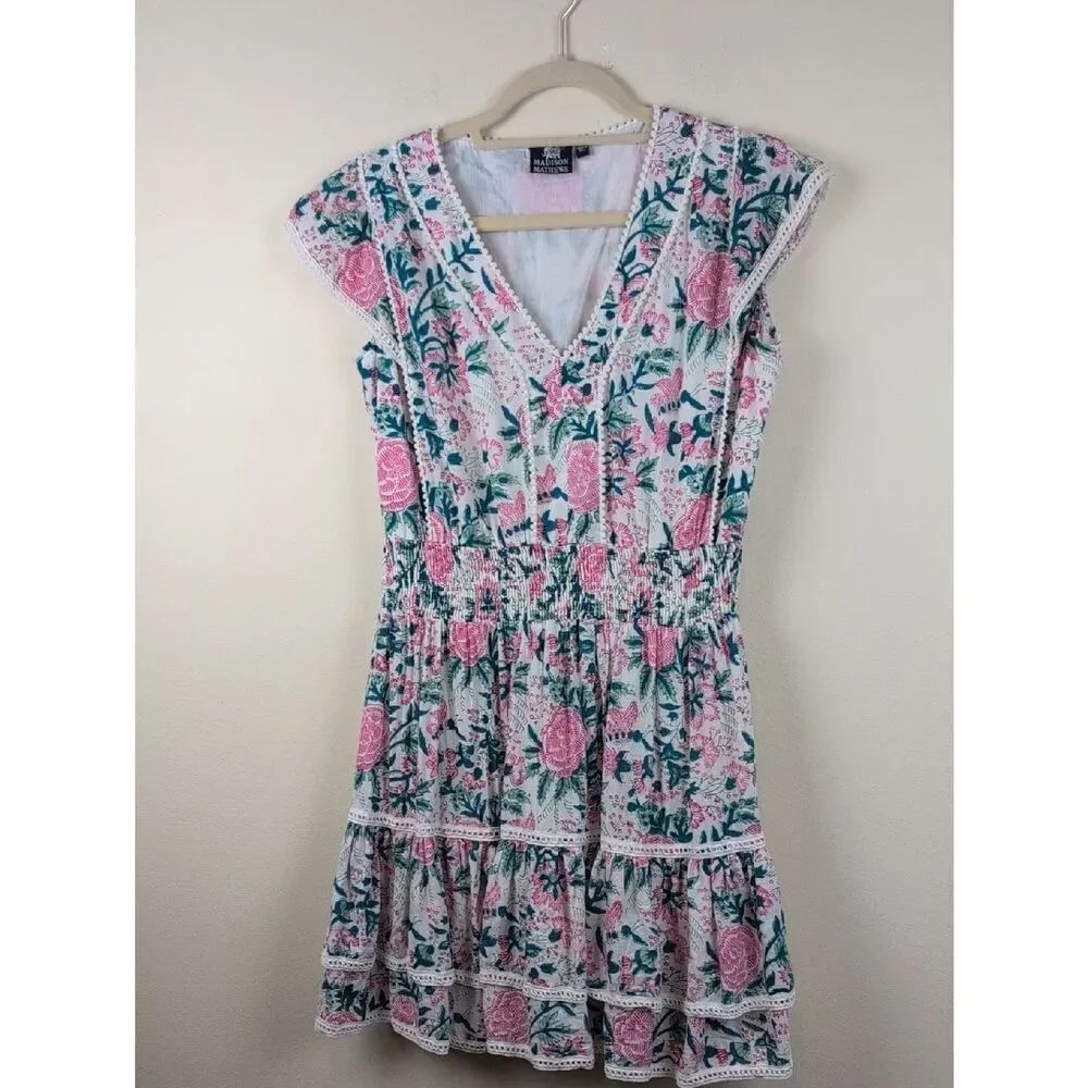 Madison Mathews Floral V-Neck Smocked Waist Cotton Dress Size M